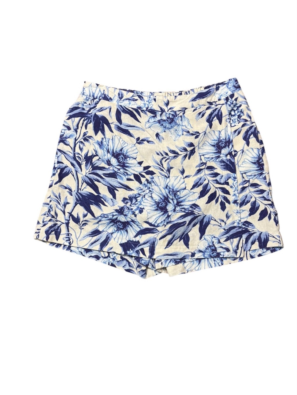 Ellen Tracy Blue Floral Skort Shorts Linen Blend Elastic Waistband Cute Comfy